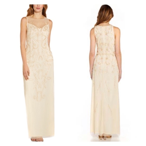 NWT ADRIANNA PAPELL Ivory Gold Beaded Embellished Illusion Maxi Gown Size 4 - Picture 1 of 10